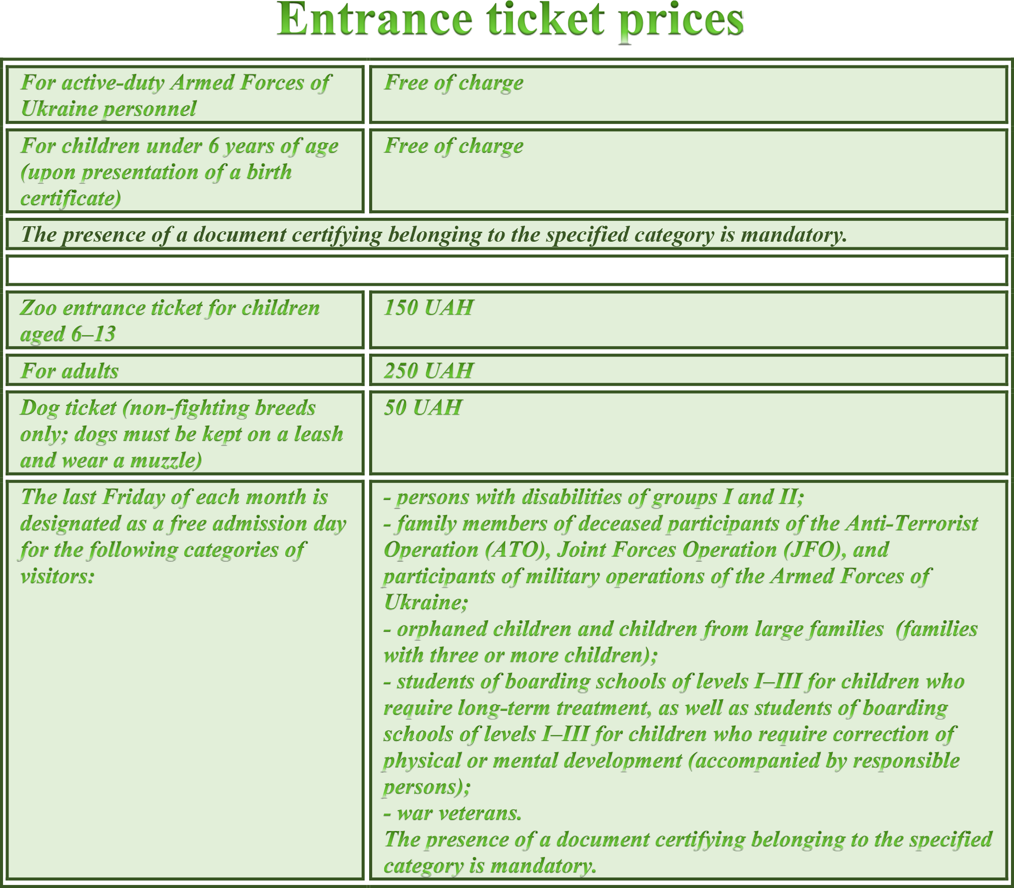 TABLE TICKET PRICES